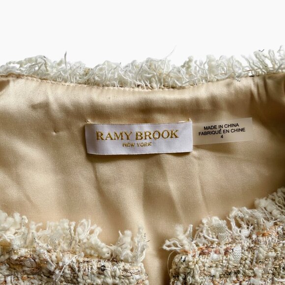 Ramy Brook Diaz Tweed Jacket Beige Fringe Pocket Detail Size 4 - Picture 7 of 10
